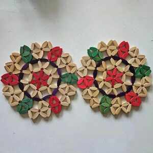 2 Vintage Beaded Wooden Trivet Hot Pad or Wall Hanging Boho Wood Bead 1970’s